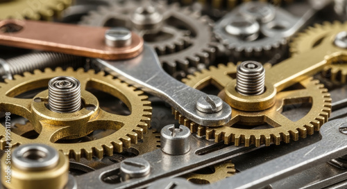 Intricate close-up of interconnected golden and silver metallic clockwork gears and springs showcasing precision engineering and complex machinery.