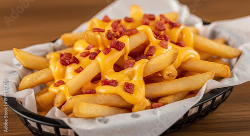 Delicious cheesy fries topped with crispy bacon bits served in a black basket lined with white parchment paper on a rustic wooden table offering a savory indulgence.