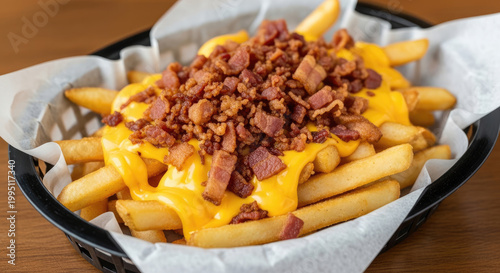 Appetizing and delicious golden french fries piled high generously topped with melted yellow cheese sauce and crispy brown bacon bits served in a basket.
