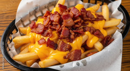 Delicious golden crispy french fries loaded with rich melted yellow cheese sauce and savory crumbled bacon bits in a black basket appetizing comfort food