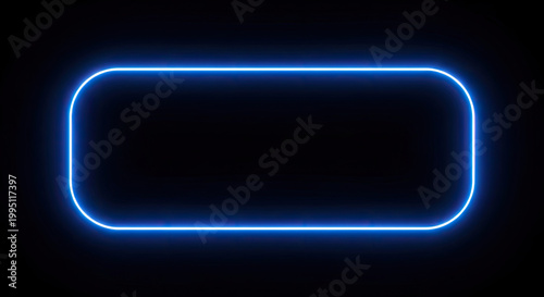 Vibrant electric blue neon light frame with glowing outline on a dark black background forming a futuristic abstract rounded rectangle shape for modern graphic design.