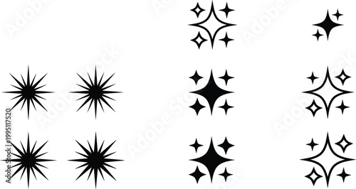 Set of sparkle and star icons featuring various glowing shapes and twinkle effects isolated on white background for magic shine and celebration design