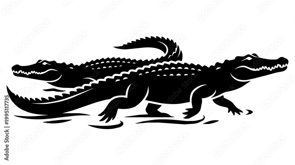 Obraz premium Alligators wading in shallow water. Bold black silhouette creates a graphic high contrast mood