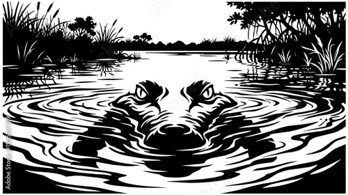 Crocodile surfaces in swamp water. Reeds frame the horizon and ripples circle the snout at dusk