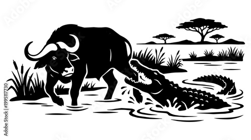 Cape buffalo wades at a savanna waterhole as a crocodile lunges from the reeds