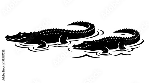 Two alligators glide through shallow water. Bold black silhouettes on white background create a striking high contrast composition.