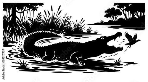 Crocodile snapping at a duck in a swamp. Linocut silhouette shows splashing water and reeds and creates tense mood.