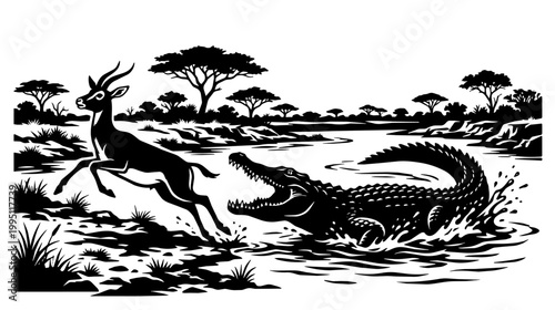 Leaping antelope escapes a lunging crocodile at a savanna riverbank.