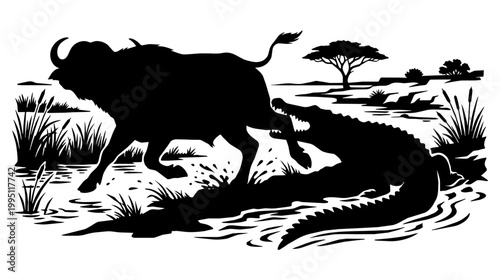 African buffalo struggles as crocodile clamps its hind leg at a riverbank. Silhouette shows acacia tree and splashing water, creating tense mood.