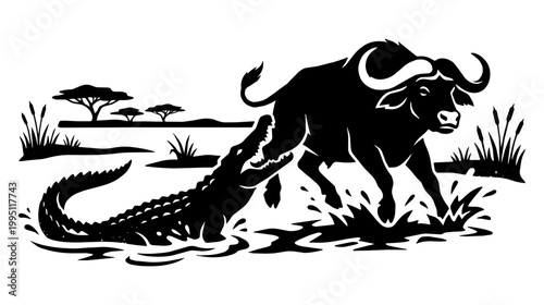 crocodile hunting a buffalo near a river. the crocodile snaps at its flank. Bold black silhouette depicts splashing water and marsh grasses in a tense daylight scene