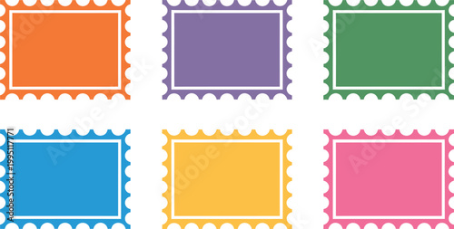 Colorful blank postage stamps in various hues on white background