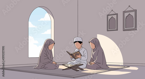 Muslim Family Reading Holy Quran Together.