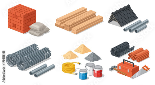 Construction Materials and Tools Isometric Set: Bricks, Wood, Tiles, Rebar, Paint, Toolbox