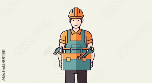 Construction worker holding a toolbox with tools, illustration