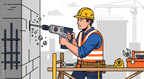 Construction worker drilling wall with power tool, building site background