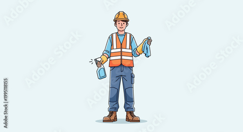 Construction worker cleaning, safety gear, spray bottle and cloth