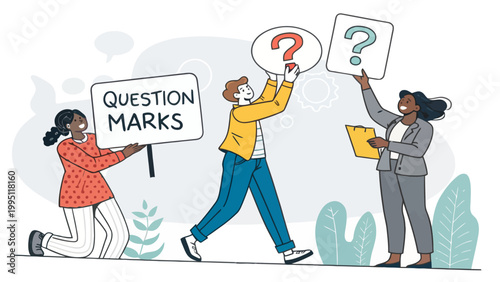 People holding question marks and signs in a questioning attitude together
