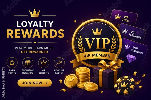 VIP Loyalty Rewards Program Banner with Gold Badge, Membership Levels and Premium Casino Benefits