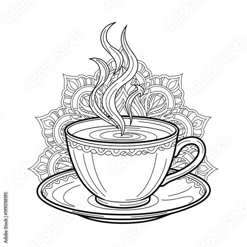 Hot cup of coffee and tea beverages with steam vector illustration featuring an espresso mug and saucer icon for a cafe breakfast menu symbol