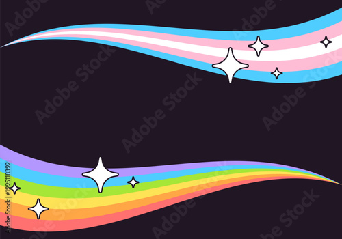 Queer pride month background with inclusive rainbow and transgender flag lines. Abstract vector banner, flowing y2k aesthetic graphic for queer event, social media header, or digital content