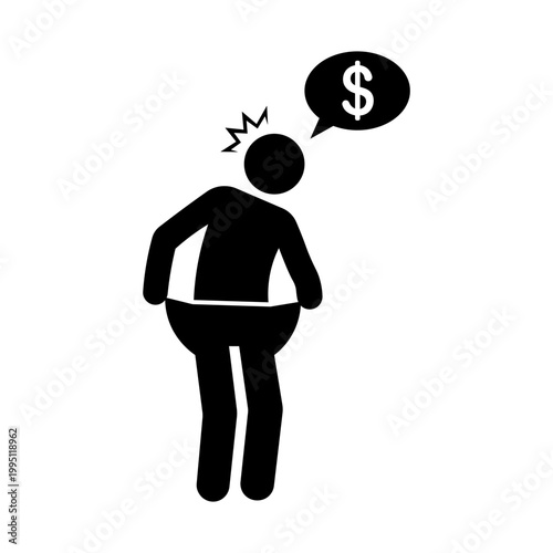 Stickman checking both empty pockets worried about money shortage silhouette vector illustration.