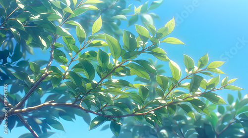 Vibrant green leaves backlit by bright sunlight against a clear blue sky, capturing fresh nature and growth on a serene day.