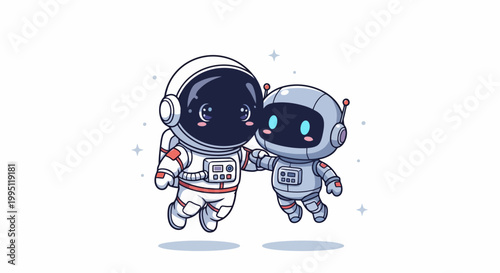 Cute Astronaut and Robot Friends Floating Together.
