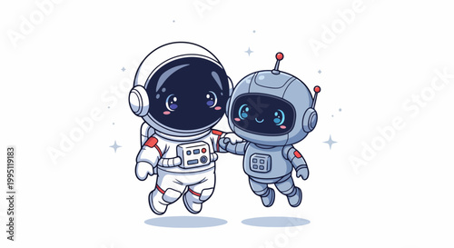 Cute astronaut and robot friends floating together in space.