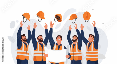 Construction workers celebrating success by throwing hard hats.