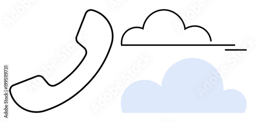 Telecommunications, VoIP, cloud technology, remote communication, data storage, digital connectivity. Linear phone receiver with two cloud icons. Telecommunications and cloud technology visual