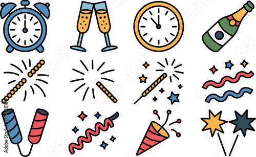 New years eve party celebration icons with clock champagne and fireworks on white background