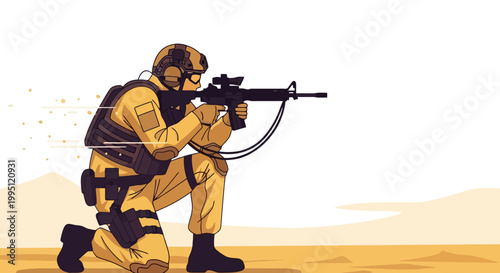 Soldier in full gear aiming rifle, ready for combat.