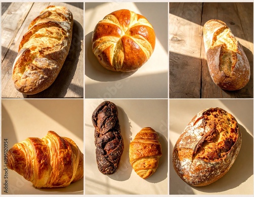collage of 6 photos with different types of bread AI generated