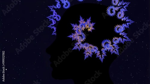 Abstract representation of a human head with colorful fractal patterns symbolizing creativity and imagination. Visual metaphor for mental processes and inspiration