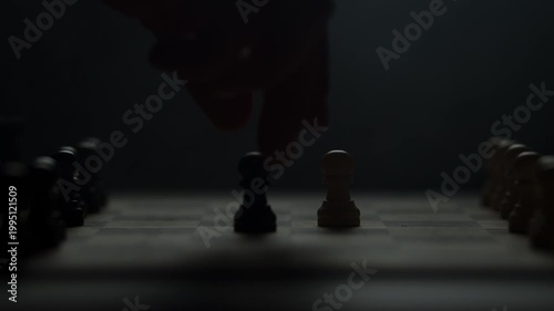 Cinematic close-up of a hand moving a chess piece in a dark atmospheric room. Low-key lighting highlights strategy, planning, and intellectual competition. Dramatic silhouette of a chess game.