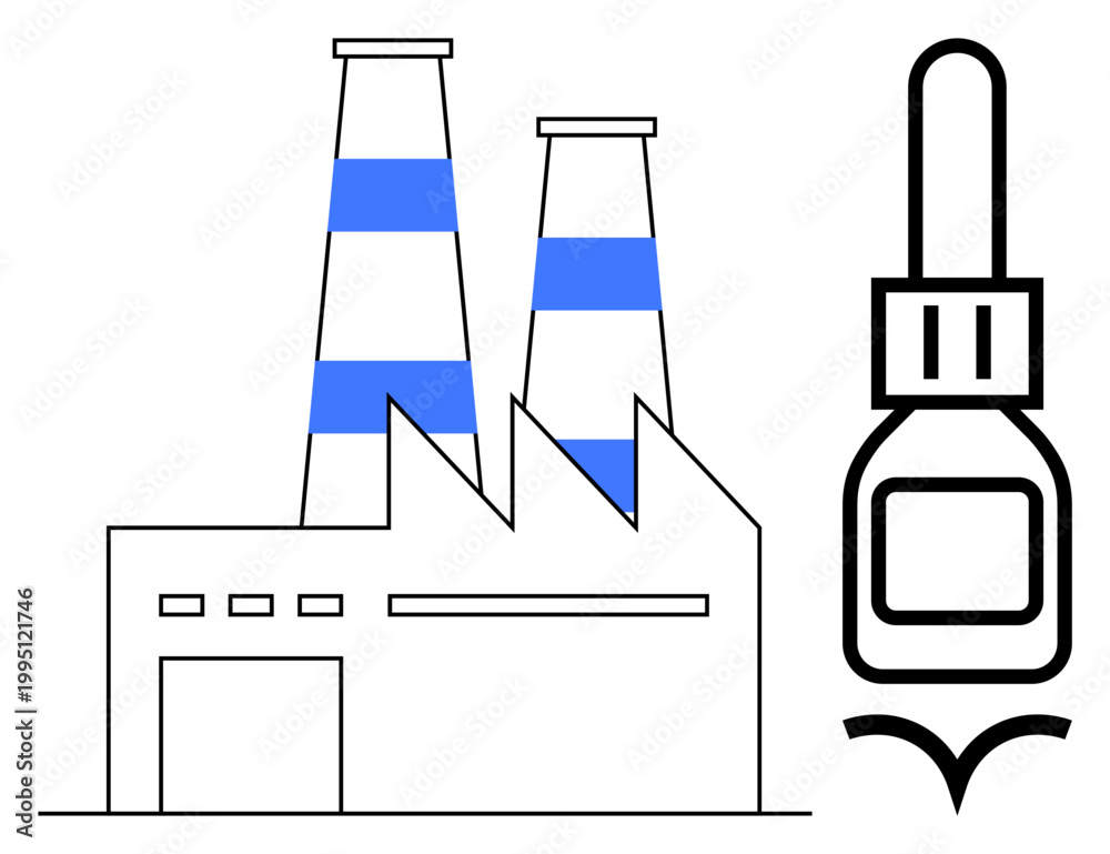 Fototapeta premium Industrial production, manufacturing, chemical processes, pharmaceuticals, environmental impact, productivity. Factory with twin smokestacks and a dropper bottle symbol. Industrial production