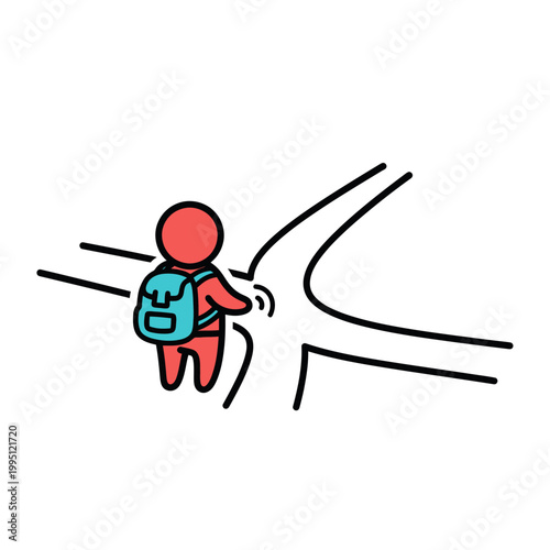 Person with backpack at crossroads, making a decision, vector illustration