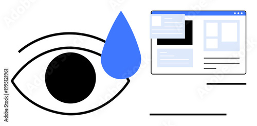 Digital eye health, screen time, internet safety, modern technology, online activity, information access. Eye with a water droplet next to a web browser window. Digital eye health and screen time