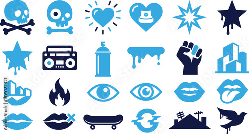 Graffiti and urban culture icons collection featuring skulls, hearts, spray cans, and cityscape elements.