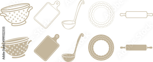 Set of kitchen utensils including colander, cutting board, ladle, pie dish and rolling pin