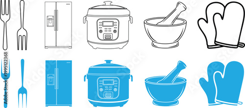 Set of kitchen appliances and utensils icons, including forks, refrigerator, multicooker, mortar and pestle, and oven mitts