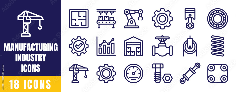 Fototapeta premium Manufacturing Industry Icons Set – Factory, Crane, Gear, Robot Arm, Production, Assembly Outline Vector