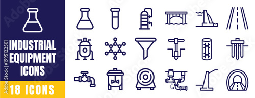 Industrial Equipment Icons Set – Factory, Machine, Valve, Filter, Crane, Pump Outline Vector