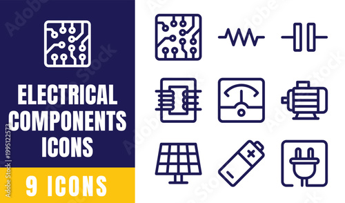 Electrical Components Icons Set – Circuit, Capacitor, Battery, Solar Panel, Plug, Waveform Outline Vector