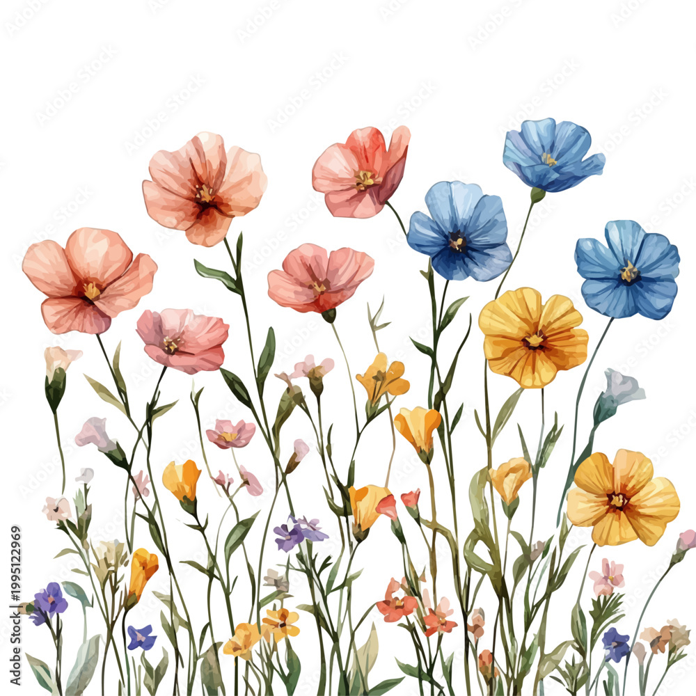 Fototapeta premium Blooming Wildflower Spring Meadow, lively watercolor vector drawing with intricate brush, isolated on a white background.