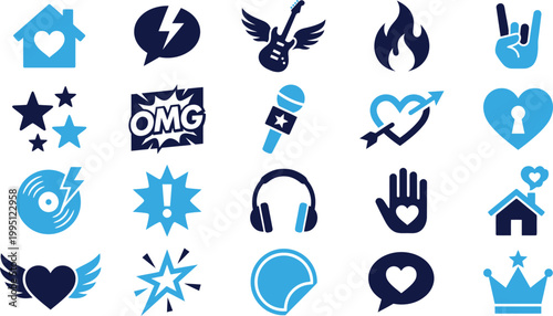 Vibrant icons representing music, love, home, and positive emotions like excitement and celebration.