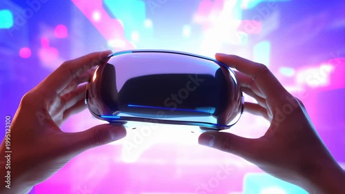 Hands holding a virtual reality headset against a vibrant digital background. Immersive technology transforming entertainment and gaming experiences