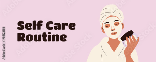 Self Care Routine Banner with Woman Applying Skincare Product, Beauty Wellness Routine Illustration