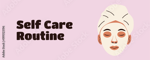 Self Care Routine Banner with Facial Mask, Beauty Treatment and Wellness Skincare Illustration
