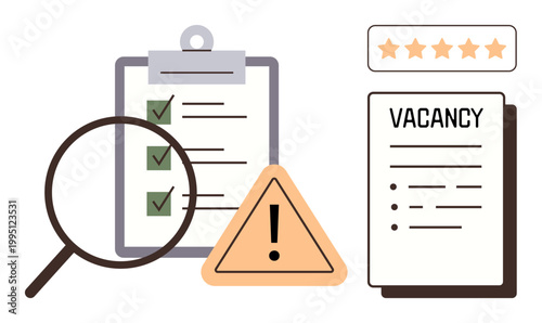Recruitment, job search, workplace efficiency, human resources, hiring strategies, employee screening. Checklist with ticks, magnifying glass warning sign job vacancy sheet. Recruitment and job